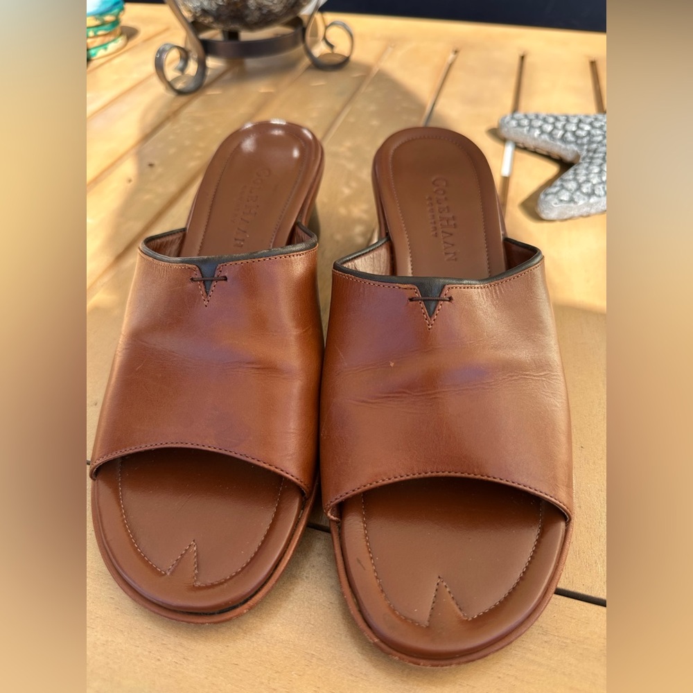 Cole Haan Country Tan & Brown  Leather Mules -Size 7 B - Made in Brazil.